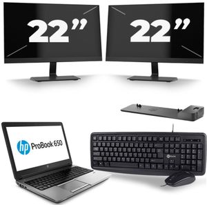 HP ProBook 650 G1 - Intel Core i5-4e Generatie - 15 inch - 8GB RAM - 256GB SSD - Windows 11 + 2x 22 inch Monitor Zichtbaar gebruikt