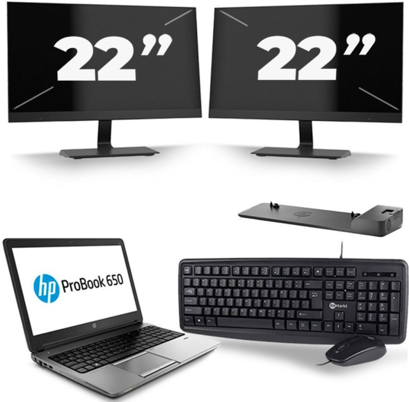 HP ProBook 650 G1 - Intel Core i5-4e Generatie - 15 inch - 8GB RAM - 256GB SSD - Windows 11 + 2x 22 inch Monitor Zichtbaar gebruikt