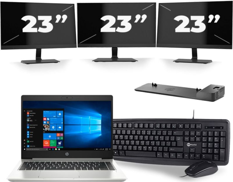 HP ProBook 445 G7 - AMD Ryzen 3 4300U - 14 inch - 16GB RAM - 256GB SSD - Windows 10 + 3x 23 inch Monitor Zichtbaar gebruikt