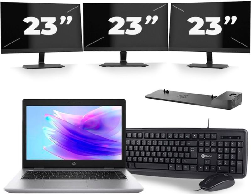 HP ProBook 640 G5 - Intel Core i5-8e Generatie - 14 inch - 16GB RAM - 256GB SSD - Windows 11 + 3x 23 inch Monitor Zichtbaar gebruikt