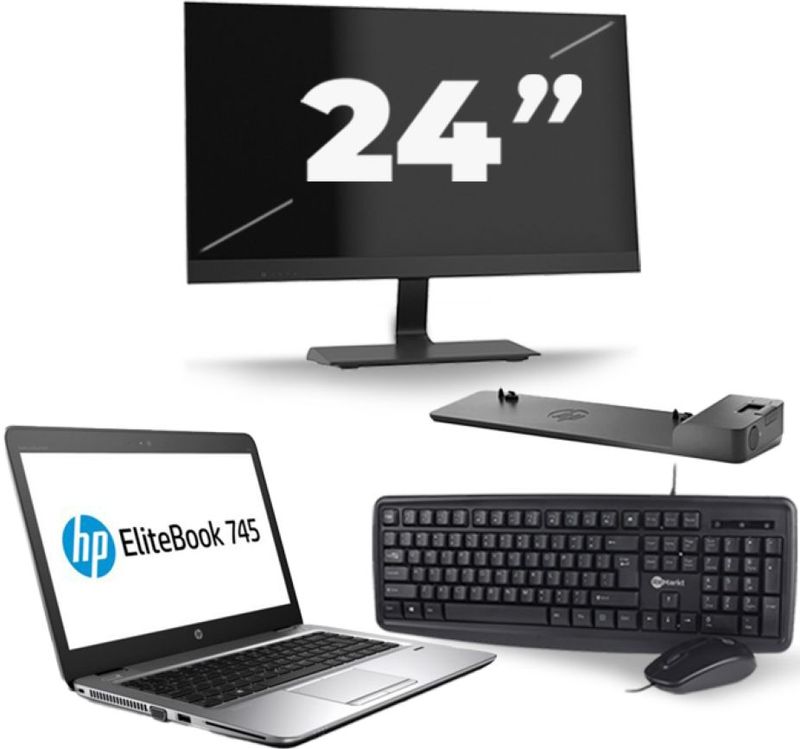 HP EliteBook 745 G3 - AMD PRO A10-8700B - 14 inch - 8GB RAM - 256GB SSD - Windows 11 + 1x 24 inch Monitor Zichtbaar gebruikt