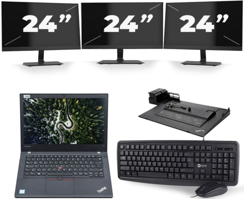 Lenovo ThinkPad T470 - Intel Core i7-6e Generatie - 14 inch - 16GB RAM - 256GB SSD - Windows 11 + 3x 24 inch Monitor Zichtbare schade