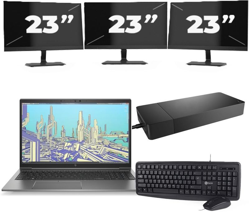 HP ZBook Firefly 15 G8 - Intel Core i7-11e Generatie - 15 inch - 16GB RAM - 256GB SSD - Windows 11 Home + 3x 23 inch Monitor Zichtbaar gebruikt