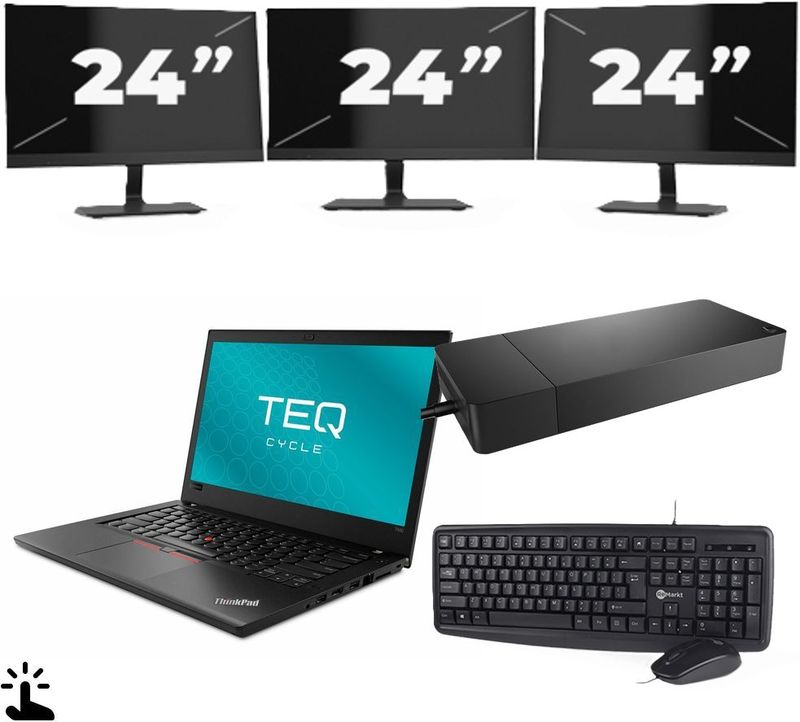 Lenovo ThinkPad T480 - Intel Core i3-8e Generatie - 14 inch - Touch - 8GB RAM - 256GB SSD - Windows 11 + 3x 24 inch Monitor Nette Staat