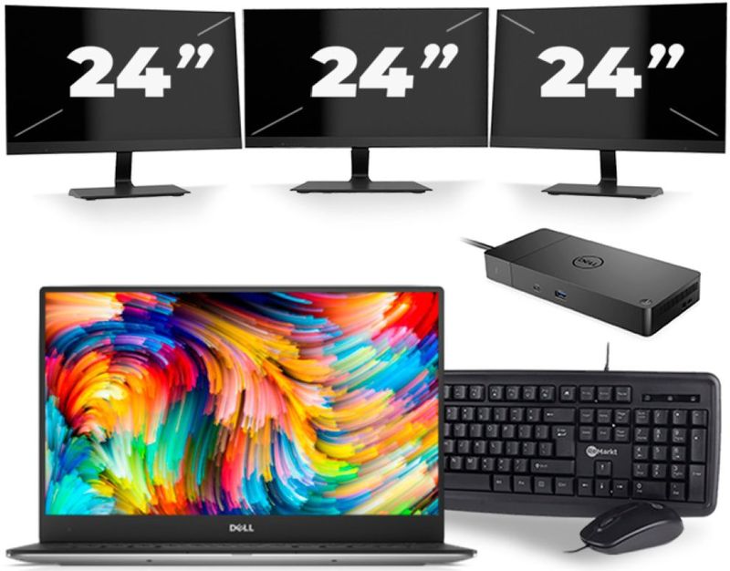 Dell XPS 13 9360 - Intel Core i5-7e Generatie - 13 inch - 8GB RAM - 256GB SSD - Windows 11 Home + 3x 24 inch Monitor Zichtbare schade