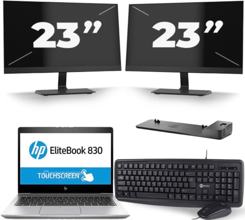 HP EliteBook 830 G5 - Intel Core i5-8e Generatie - 13 inch - 16GB RAM - 256GB SSD - Windows 11 + 2x 23 inch Monitor Zichtbaar gebruikt
