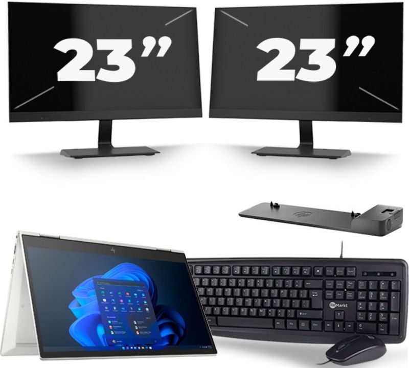 HP EliteBook x360 830 G8 - Intel Core i7-11e Generatie - 13 inch - 16GB RAM - 256GB SSD - Windows 11 Home + 2x 23 inch Monitor Zichtbare schade