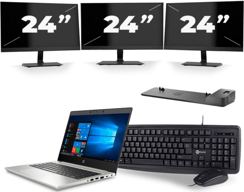 HP ProBook 430 G7 - Intel Core i3-10e Generatie - 13 inch - 16GB RAM - 256GB SSD - Windows 11 + 3x 24 inch Monitor Zichtbaar gebruikt