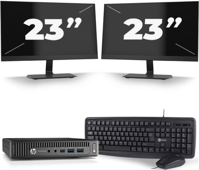 HP EliteDesk 800 G2 USFF - Intel Core i7-6e Generatie - 16GB RAM - 256GB SSD - Windows 11 + 2x 23 inch Monitor Nette Staat
