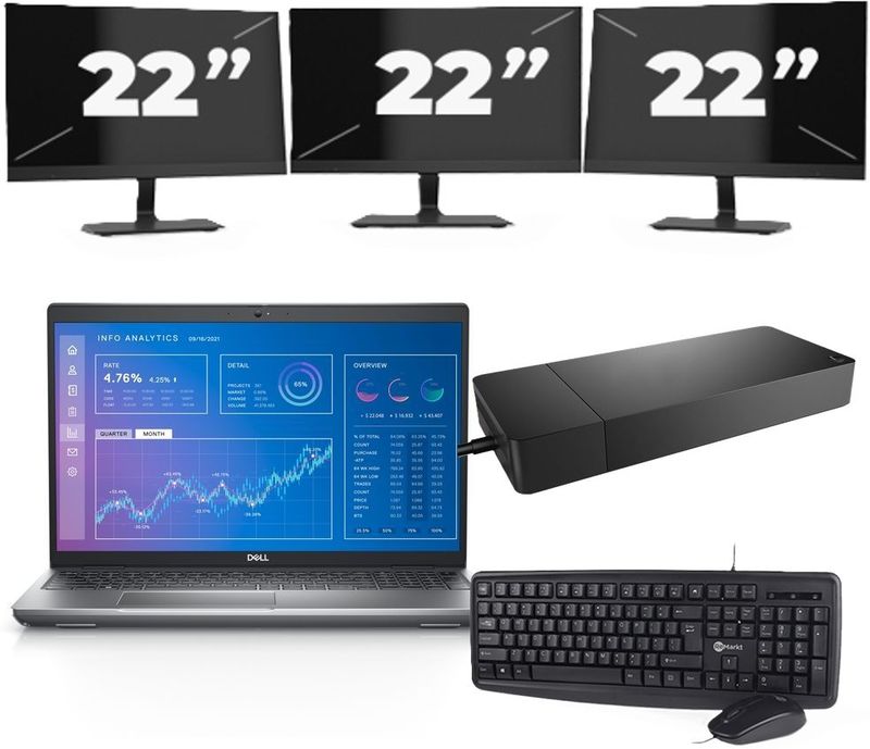 Dell Precision 3571 - Intel Core i5-12e Generatie - 15 inch - 16GB RAM - 256GB SSD - Windows 11 Home + 3x 22 inch Monitor Zichtbaar gebruikt