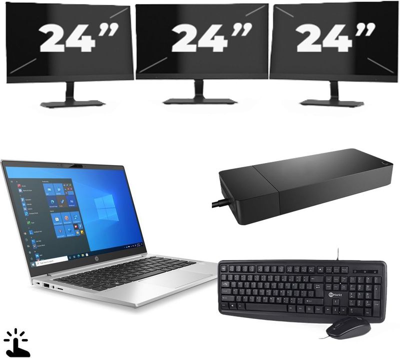 HP ProBook 430 G8 - Intel Core i5-11e Generatie - 13 inch - Touch - 16GB RAM - 256GB SSD - Windows 11 Home + 3x 24 inch Monitor Nette Staat