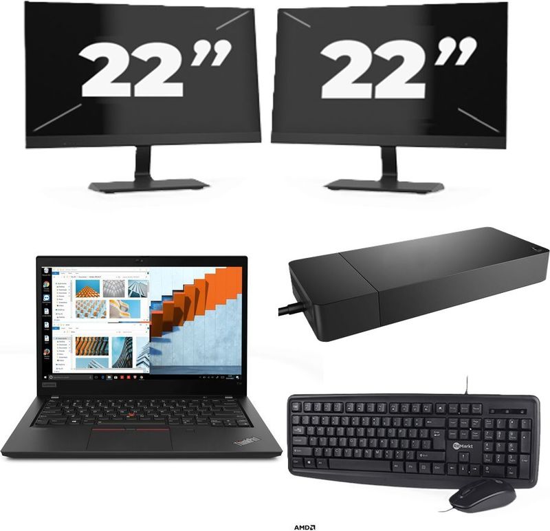 Lenovo ThinkPad T14 Gen 2 - Intel Core i5-11e Generatie - 14 inch - 16GB RAM - 256GB SSD - Windows 11 Home + 2x 22 inch Monitor Nette Staat
