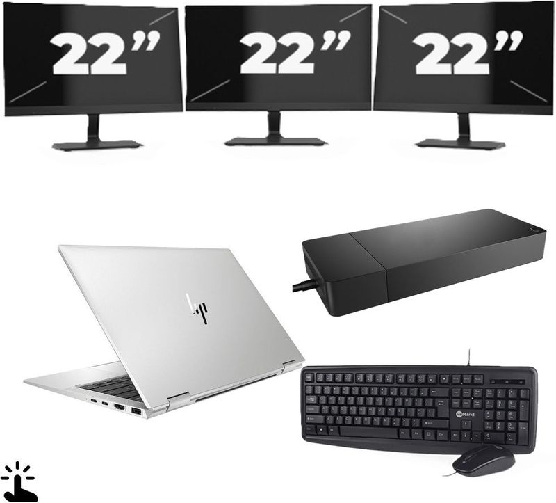 HP EliteBook x360 1040 G7 - Intel Core i7-10e Generatie - 14 inch - Touch - 16GB RAM - 256GB SSD - Windows 11 + 3x 22 inch Monitor Zichtbaar gebruikt