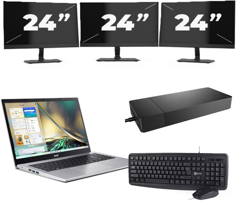 Acer Aspire A315-44P - AMD Ryzen 7 5700U - 15 inch - 16GB RAM - 256GB SSD - Windows 11 Home + 3x 24 inch Monitor Nette Staat