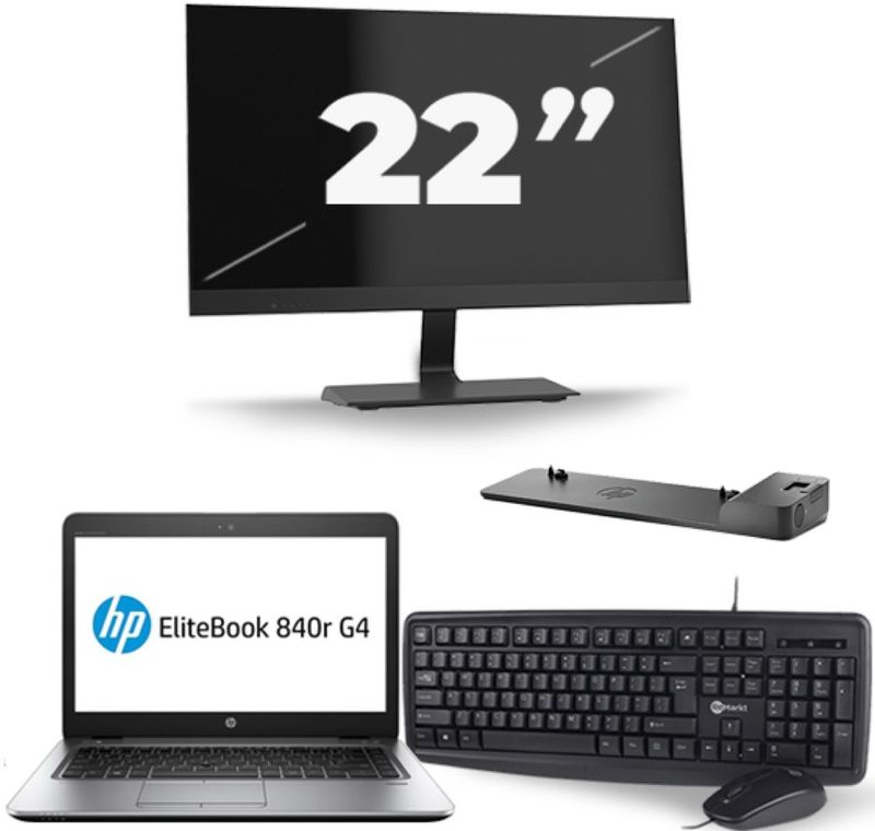 HP EliteBook 840r G4 - Intel Core i5-7e Generatie - 14 inch - 8GB RAM - 256GB SSD - Windows 11 + 1x 22 inch Monitor Zichtbaar gebruikt