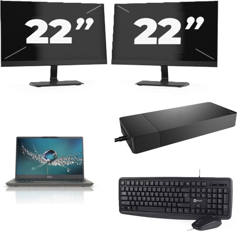 Fujitsu Lifebook U7411 - Intel Core i5-11e Generatie - 14 inch - 16GB RAM - 256GB SSD - Windows 11 Home + 2x 22 inch Monitor Zichtbaar gebruikt
