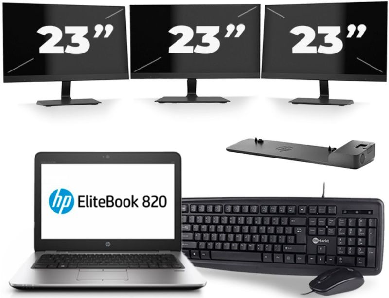 HP EliteBook 820 G4 - Intel Core i5-7e Generatie - 12 inch - 8GB RAM - 256GB SSD - Windows 11 + 3x 23 inch Monitor Zichtbaar gebruikt