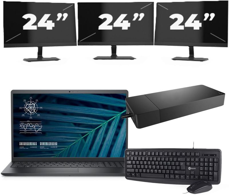 Dell Vostro 15 3510 - Intel Core i5-11e Generatie - 15 inch - 16GB RAM - 256GB SSD - Windows 11 Home + 3x 24 inch Monitor Zichtbare schade