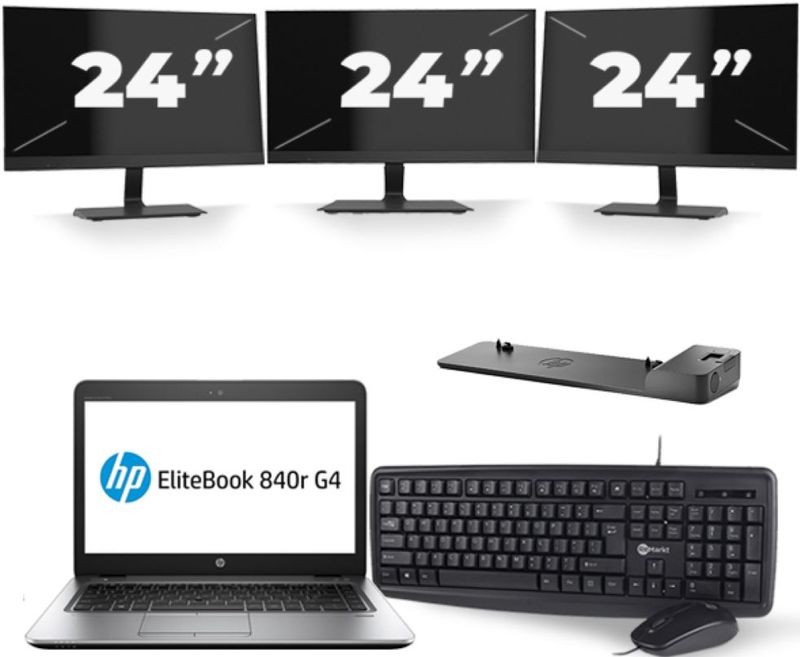 HP EliteBook 840r G4 - Intel Core i5-7e Generatie - 14 inch - 8GB RAM - 256GB SSD - Windows 11 + 3x 24 inch Monitor Zichtbaar gebruikt