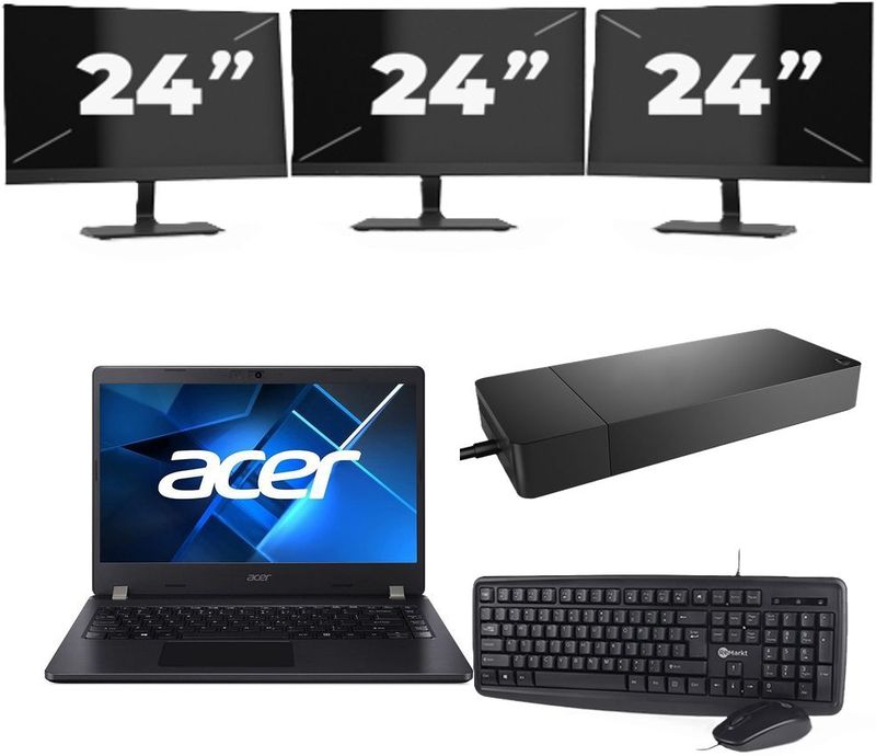 Acer TravelMate P214-53 - Intel Core i3-11e Generatie - 14 inch - 16GB RAM - 256GB SSD - Windows 11 Home + 3x 24 inch Monitor Nette Staat