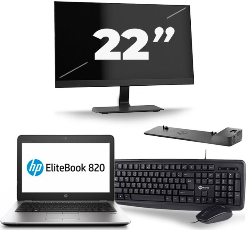 HP EliteBook 820 G4 - Intel Core i5-7e Generatie - 12 inch - 8GB RAM - 256GB SSD - Windows 11 + 1x 22 inch Monitor Zichtbaar gebruikt