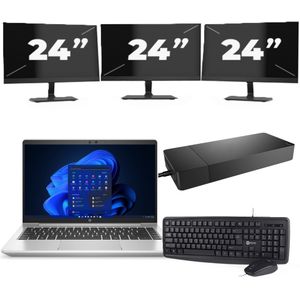 HP ProBook 445 G8 - AMD Ryzen 3 5400U - 14 inch - 16GB RAM - 256GB SSD - Windows 11 + 3x 24 inch Monitor Zichtbaar gebruikt