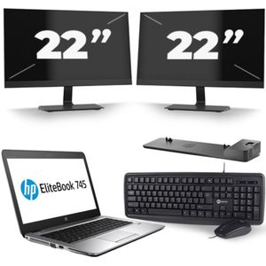 HP EliteBook 745 G3 - AMD PRO A10-8700B - 14 inch - 8GB RAM - 256GB SSD - Windows 11 + 2x 22 inch Monitor Zichtbaar gebruikt