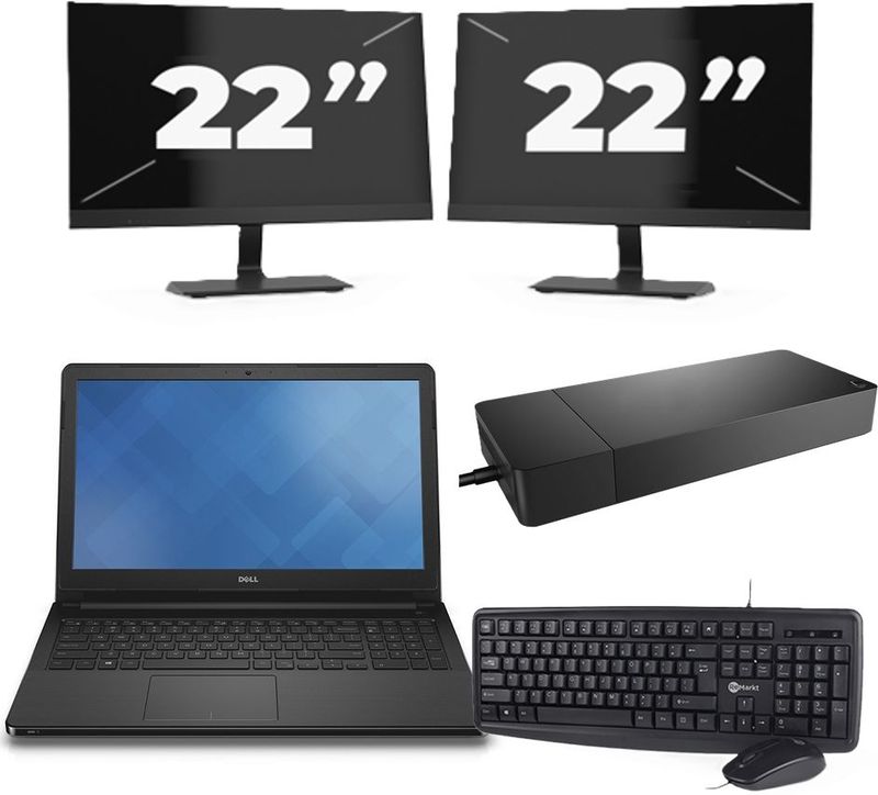 Dell Vostro 15-3568 - Intel Core i3-7e Generatie - 15 inch - 8GB RAM - 256GB SSD - Windows 11 Home + 2x 22 inch Monitor Zichtbare schade