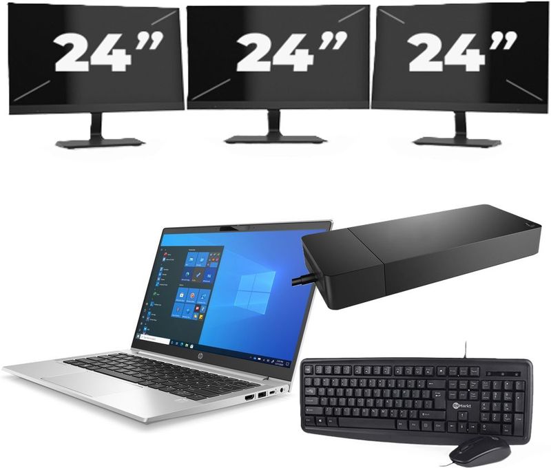 HP ProBook 430 G8 - Intel Core i3-11e Generatie - 13 inch - 16GB RAM - 256GB SSD - Windows 11 Home + 3x 24 inch Monitor Zichtbare schade