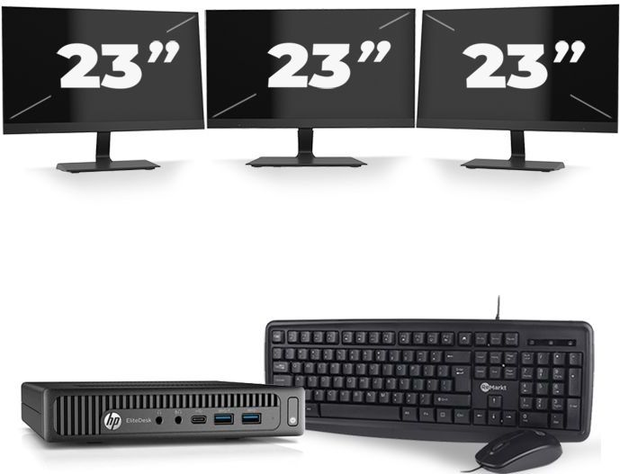HP EliteDesk 800 G2 USFF - Intel Core i3-6e Generatie - 8GB RAM - 128GB SSD - Windows 11 + 3x 23 inch Monitor Nette Staat