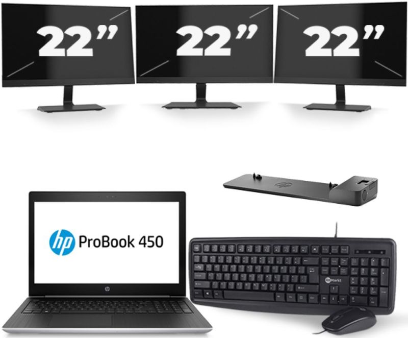 HP ProBook 450 G5 - Intel Core i5-8e Generatie - 15 inch - 16GB RAM - 256GB SSD - Windows 11 + 3x 22 inch Monitor Zichtbaar gebruikt