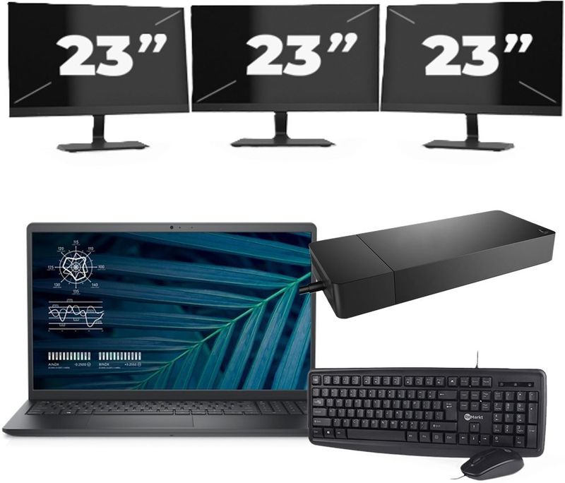 Dell Vostro 15 3510 - Intel Core i5-11e Generatie - 15 inch - 16GB RAM - 256GB SSD - Windows 11 Home + 3x 23 inch Monitor Zichtbare schade