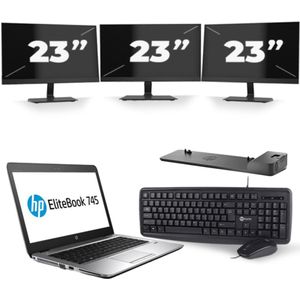 HP EliteBook 745 G3 - AMD PRO A10-8700B - 14 inch - 8GB RAM - 256GB SSD - Windows 11 + 3x 23 inch Monitor Zichtbaar gebruikt