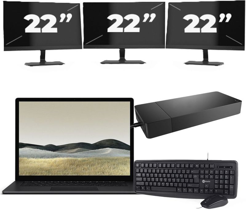 Microsoft Surface Laptop 3 - Intel Core i5-10e Generatie - 13 inch - 16GB RAM - 256GB SSD - Windows 11 Home + 3x 22 inch Monitor Nette Staat