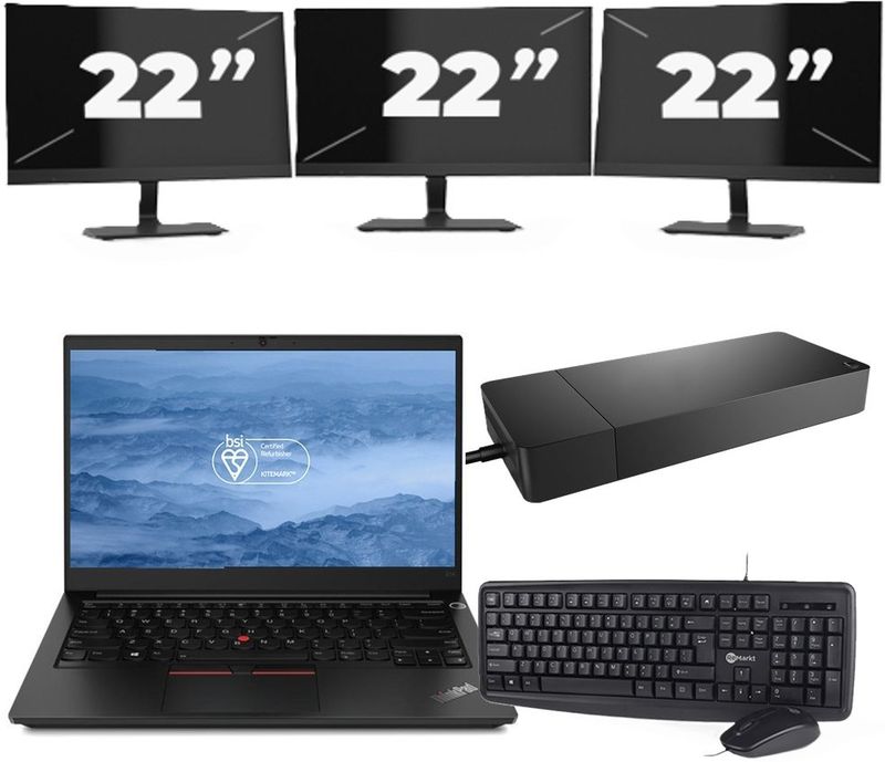 Lenovo ThinkPad E14 - Intel Core i3-10e Generatie - 14 inch - 16GB RAM - 256GB SSD - Windows 11 + 3x 22 inch Monitor Nette Staat