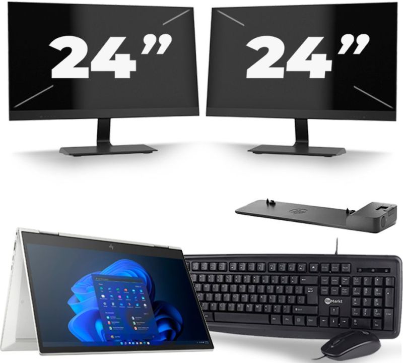 HP EliteBook x360 830 G8 - Intel Core i7-11e Generatie - 13 inch - 16GB RAM - 256GB SSD - Windows 11 Home + 2x 24 inch Monitor Zichtbare schade