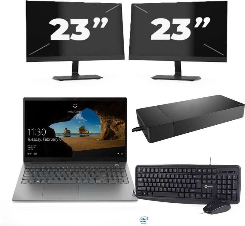 Lenovo ThinkBook 15 G2 ITL - Intel Core i5-11e Generatie - 15 inch - 16GB RAM - 256GB SSD - Windows 11 Home + 2x 23 inch Monitor Nette Staat