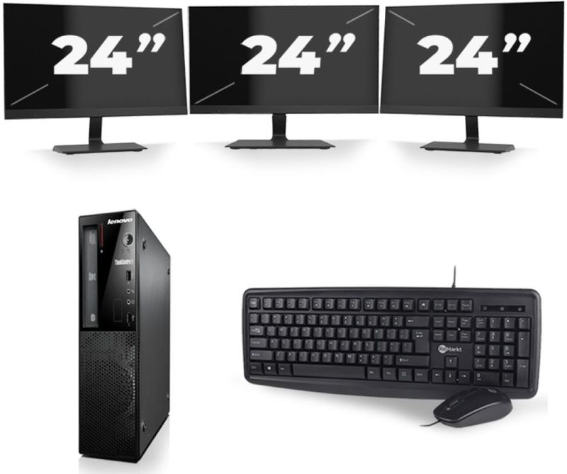 Lenovo ThinkCentre E73 SFF - Intel Core i5-4e Generatie - 8GB RAM - 256GB SSD - Windows 10 + 3x 24 inch Monitor Nette Staat