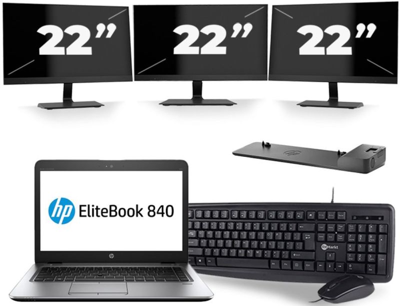 HP EliteBook 840 G4 - Intel Core i5-7e Generatie - 14 inch - 8GB RAM - 256GB SSD - Windows 11 + 3x 22 inch Monitor Nette Staat