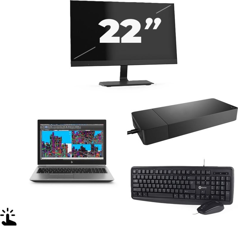 HP ZBook 15 G5 - Intel Core i7-8e Generatie - 15 inch - Touch - 16GB RAM - 256GB SSD - Windows 11 Home + 1x 22 inch Monitor Nette Staat
