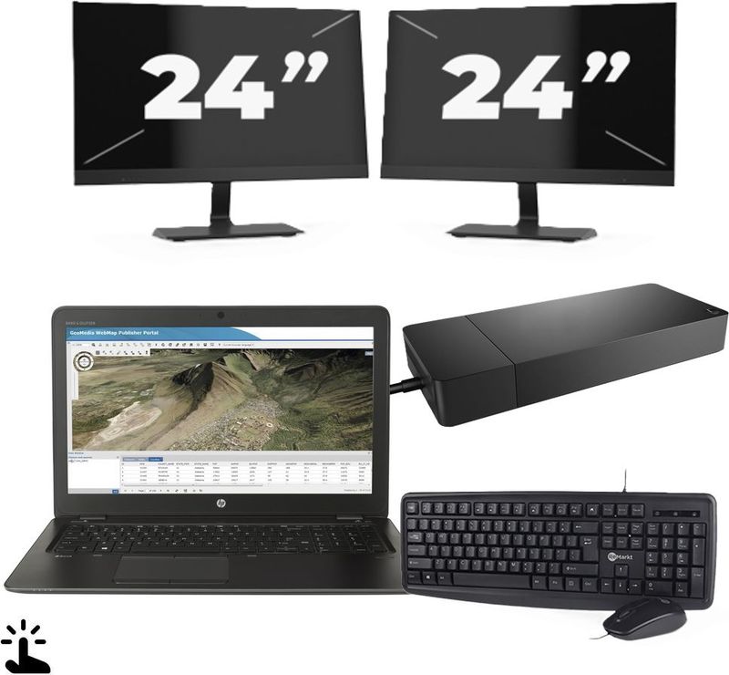 HP ZBook 15u G3 - Intel Core i7-6e Generatie - 15 inch - Touch - 16GB RAM - 256GB SSD - Windows 11 Home + 2x 24 inch Monitor Zichtbare schade