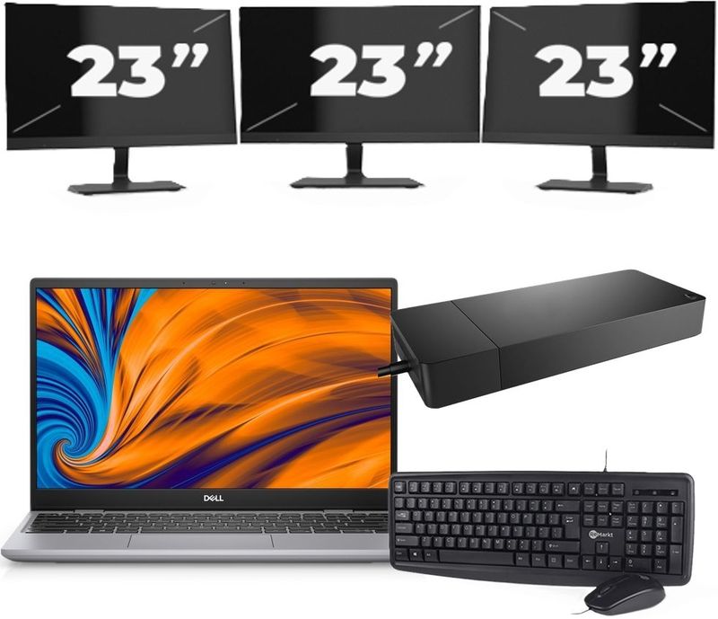 Dell Latitude 3320 - Intel Core i3-11e Generatie - 14 inch - 4GB RAM - 256GB SSD - Windows 11 Home + 3x 23 inch Monitor Nette Staat