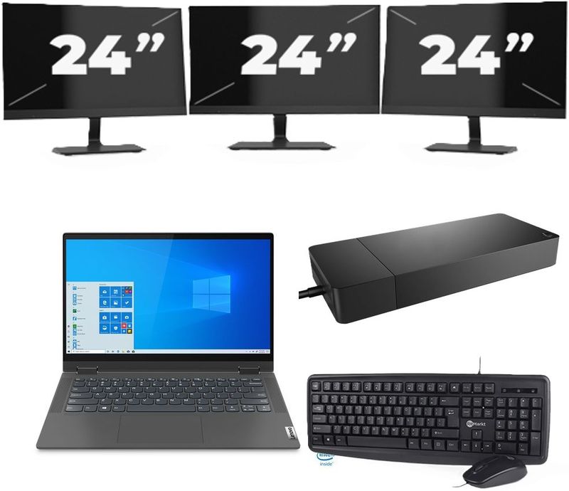 Lenovo IdeaPad Flex 5 14ITL05 - Intel Core i3-11e Generatie - 14 inch - 16GB RAM - 256GB SSD - Windows 11 Home + 3x 24 inch Monitor Zichtbaar gebruikt