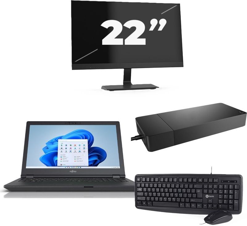 Fujitsu Lifebook E5511 - Intel Core i7-11e Generatie - 15 inch - 16GB RAM - 256GB SSD - Windows 11 Home + 1x 22 inch Monitor Zichtbaar gebruikt