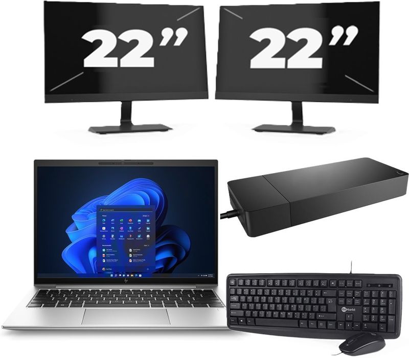 HP EliteBook 830 G9 - Intel Core i7-12e Generatie - 13 inch - 16GB RAM - 256GB SSD - Windows 11 Home + 2x 22 inch Monitor Zichtbaar gebruikt