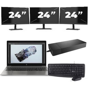 HP ZBook 15u G6 - Intel Core i7-8e Generatie - 15 inch - 16GB RAM - 256GB SSD - Windows 11 + 3x 24 inch Monitor Zichtbaar gebruikt