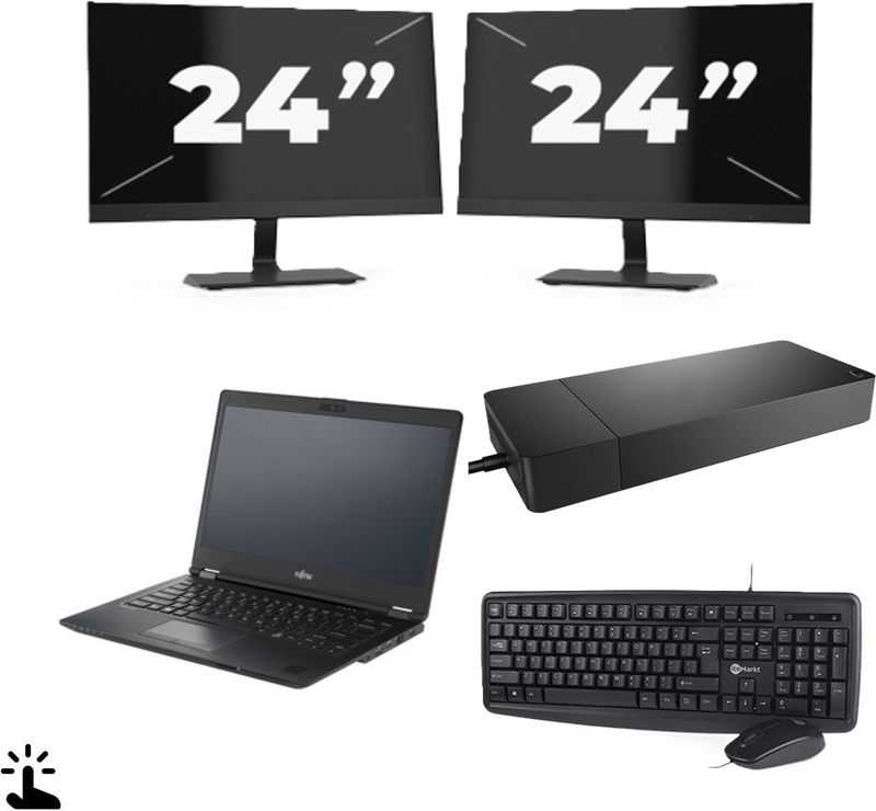 Fujitsu Lifebook U7410 - Intel Core i5-10e Generatie - 14 inch - Touch - 16GB RAM - 256GB SSD - Windows 11 Home + 2x 24 inch Monitor Nette Staat