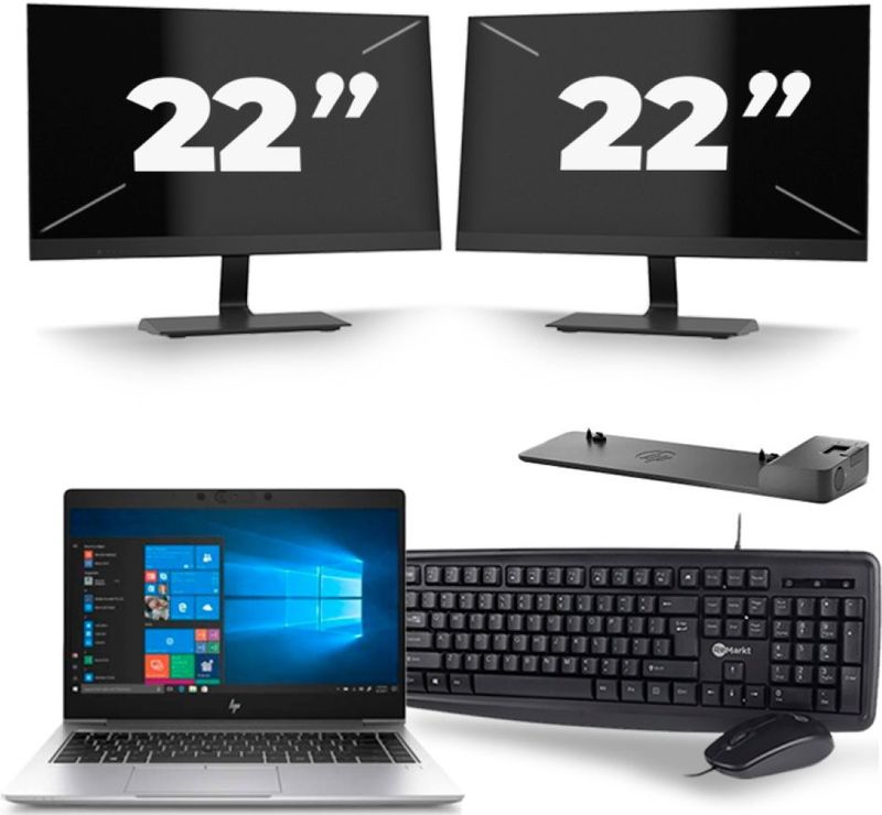 HP EliteBook 745 G6 - AMD Ryzen 5 3500U - 14 inch - 16GB RAM - 256GB SSD - Windows 11 Home + 2x 22 inch Monitor Zichtbaar gebruikt