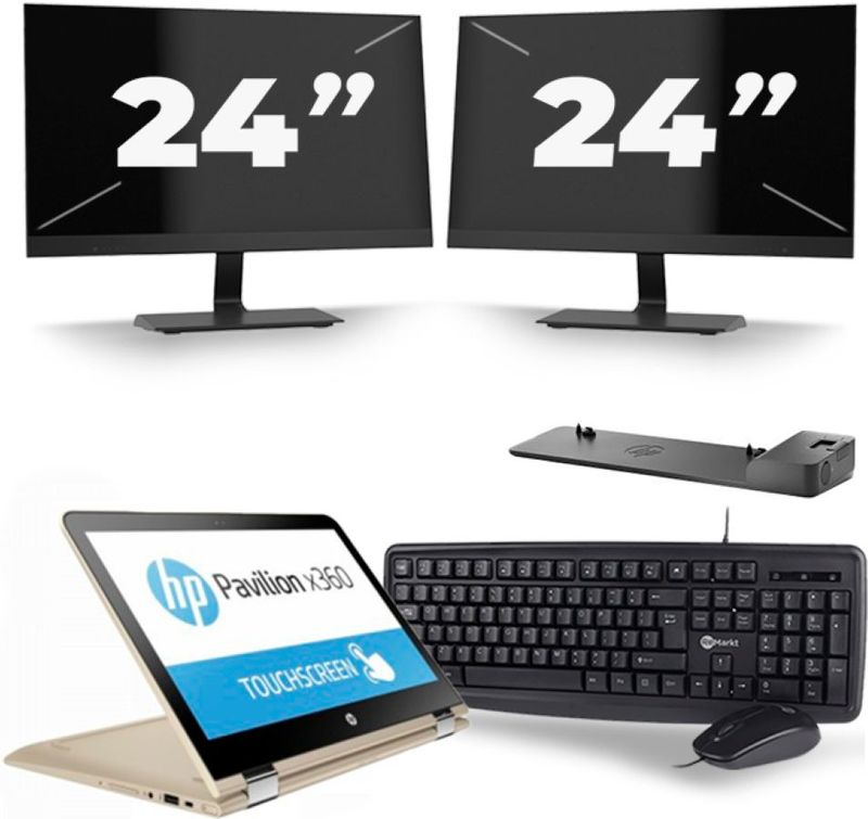 HP Pavilion x360 Convertible 13 - Intel Core i3-6e Generatie - 14 inch - 8GB RAM - 256GB SSD - Windows 11 Home + 2x 24 inch Monitor Zichtbaar gebruikt