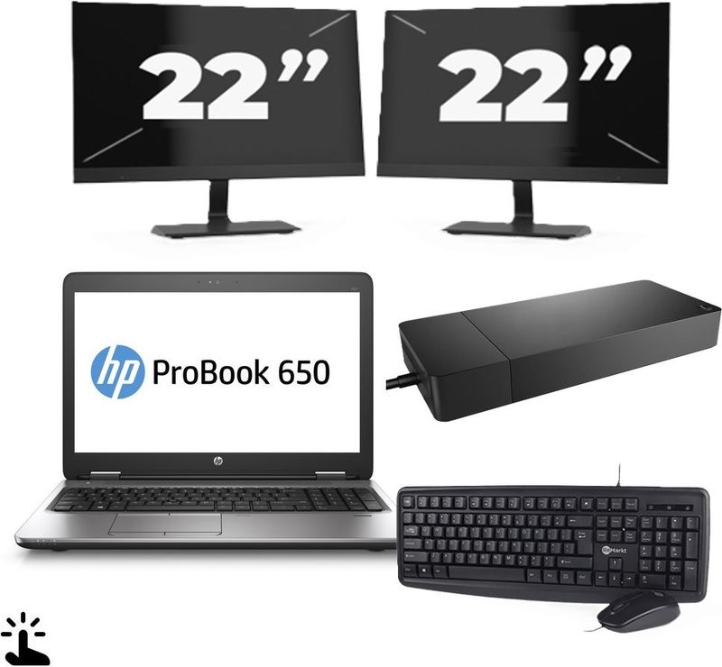 HP ProBook 650 G2 - Intel Core i5-6e Generatie - 15 inch - Touch - 8GB RAM - 256GB SSD - Windows 11 Home + 2x 22 inch Monitor Zichtbaar gebruikt
